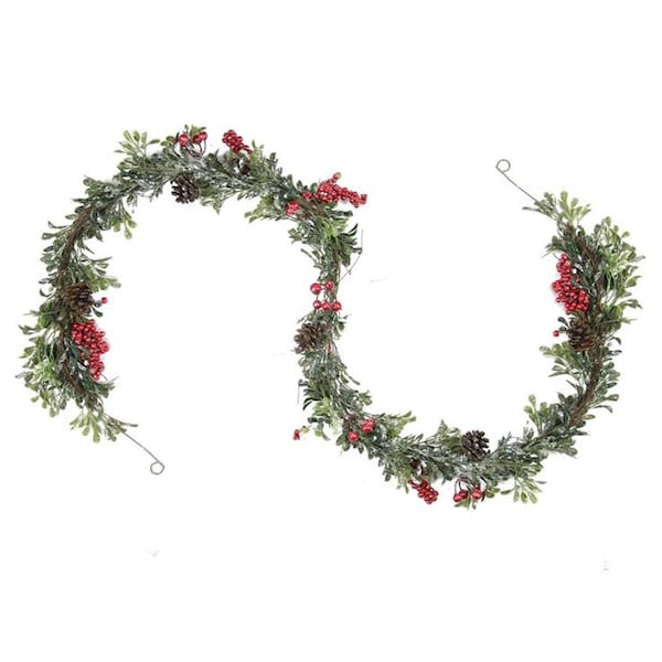 Northlight Seasonal 6 ft. Glittered Artificial Boxwood Pine Cone and Red Berry Christmas Garland- Unlit - 31737576