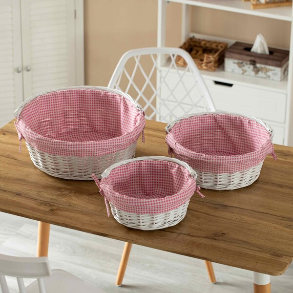 Wickerwise White Round Willow Gift Basket with Pink and White Gingham Liner and Sturdy Foldable Handles 3 Set - QI004620.PK.3