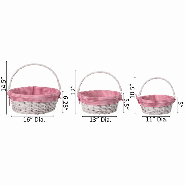 Wickerwise White Round Willow Gift Basket with Pink and White Gingham Liner and Sturdy Foldable Handles 3 Set - QI004620.PK.3