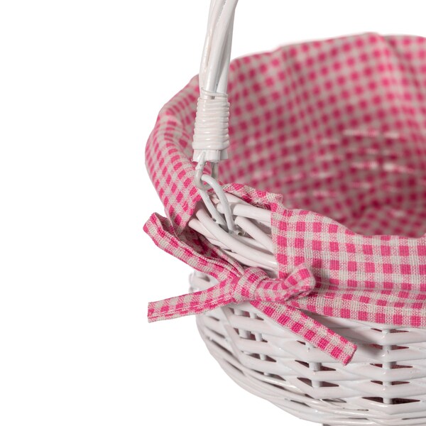 Wickerwise White Round Willow Gift Basket with Pink and White Gingham Liner and Sturdy Foldable Handles 3 Set - QI004620.PK.3