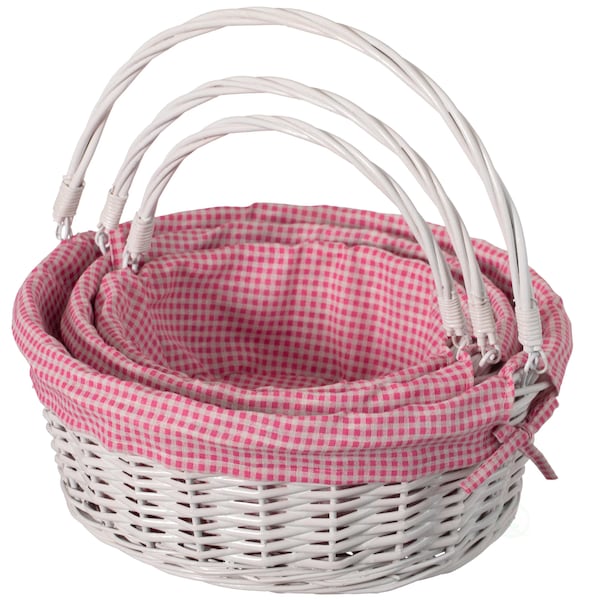 Wickerwise White Round Willow Gift Basket with Pink and White Gingham Liner and Sturdy Foldable Handles 3 Set - QI004620.PK.3