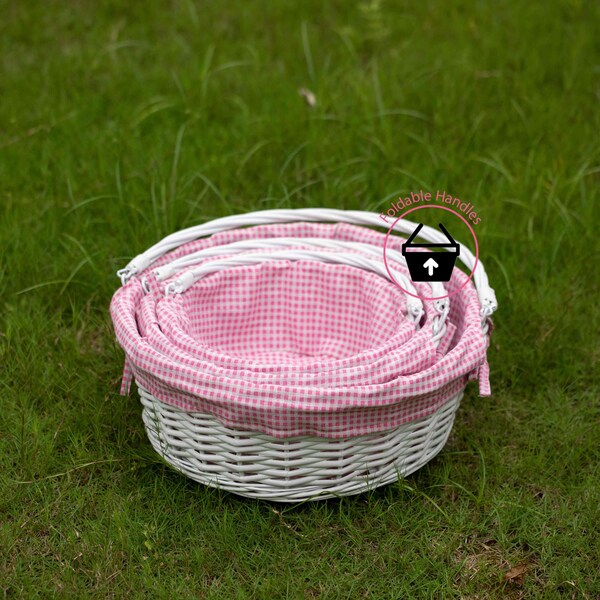 Wickerwise White Round Willow Gift Basket with Pink and White Gingham Liner and Sturdy Foldable Handles 3 Set - QI004620.PK.3