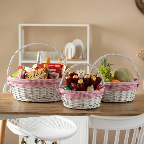 Wickerwise White Round Willow Gift Basket with Pink and White Gingham Liner and Sturdy Foldable Handles 3 Set - QI004620.PK.3