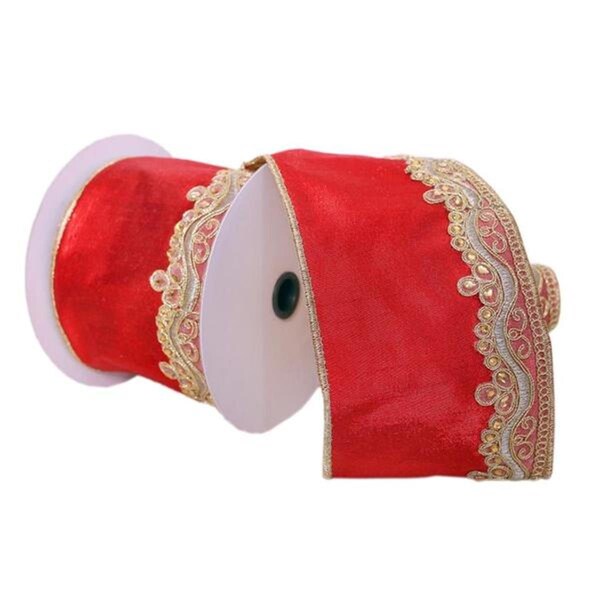 Vickerman 4 in. x 5 Yard Red with Gold Embroider One-Side Wired Edge Christmas Ribbon - Q222522