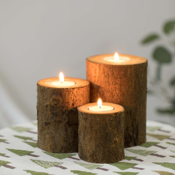 Vintiquewise Bark Wooden Pillar Tree Stump Tea Light Rustic Candle Holder , PK 3 - QI003888.3