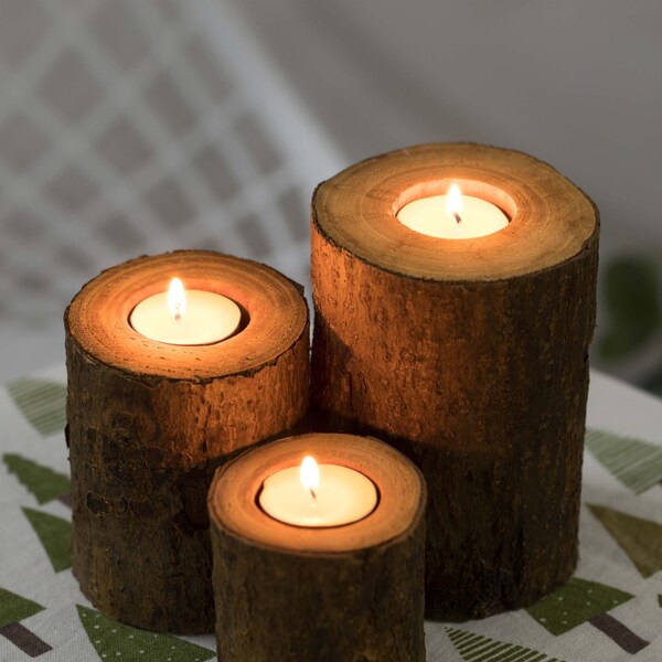 Vintiquewise Bark Wooden Pillar Tree Stump Tea Light Rustic Candle Holder , PK 3 - QI003888.3