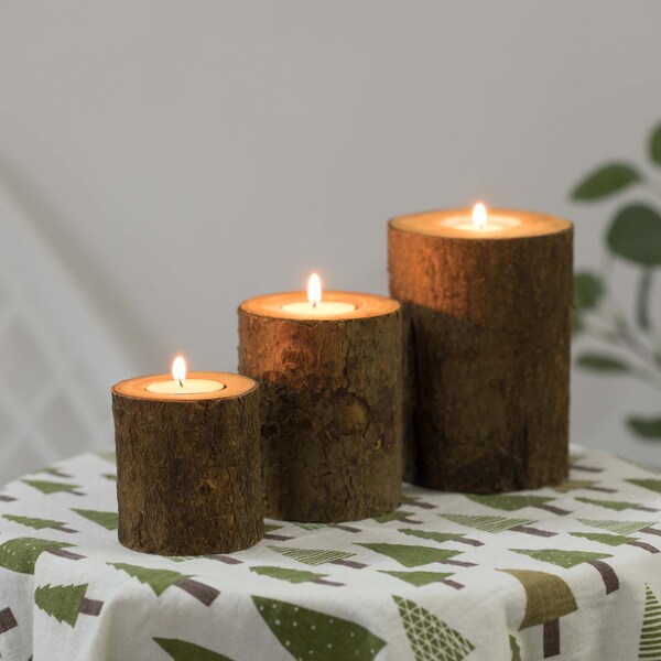 Vintiquewise Bark Wooden Pillar Tree Stump Tea Light Rustic Candle Holder , PK 3 - QI003888.3