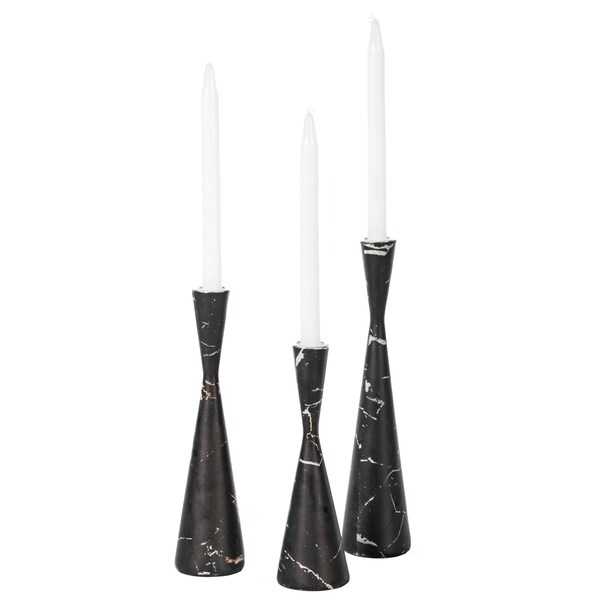 Fabulaxe Marble Resin Candle Holders, Set of 3 Exquisite Decorative Taper Candlesticks, Elegant Accent, Black - QI004063.BK.3