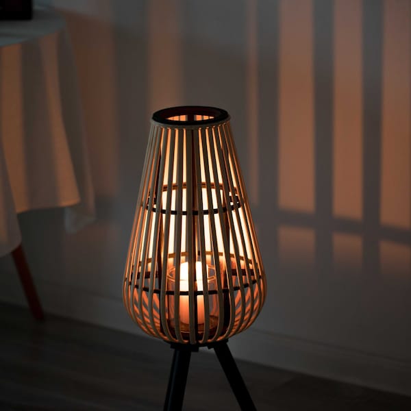 Vintiquewise Indoor and Outdoor Modern Natural Bamboo Decorative Lantern with Black Stand and Glass Candle Holder - QI004165