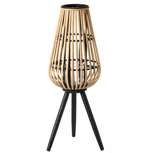Vintiquewise Indoor and Outdoor Modern Natural Bamboo Decorative Lantern with Black Stand and Glass Candle Holder - QI004165