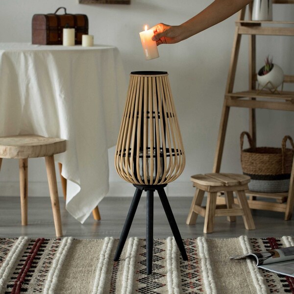 Vintiquewise Indoor and Outdoor Modern Natural Bamboo Decorative Lantern with Black Stand and Glass Candle Holder - QI004165