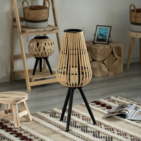 Vintiquewise Indoor and Outdoor Modern Natural Bamboo Decorative Lantern with Black Stand and Glass Candle Holder - QI004165