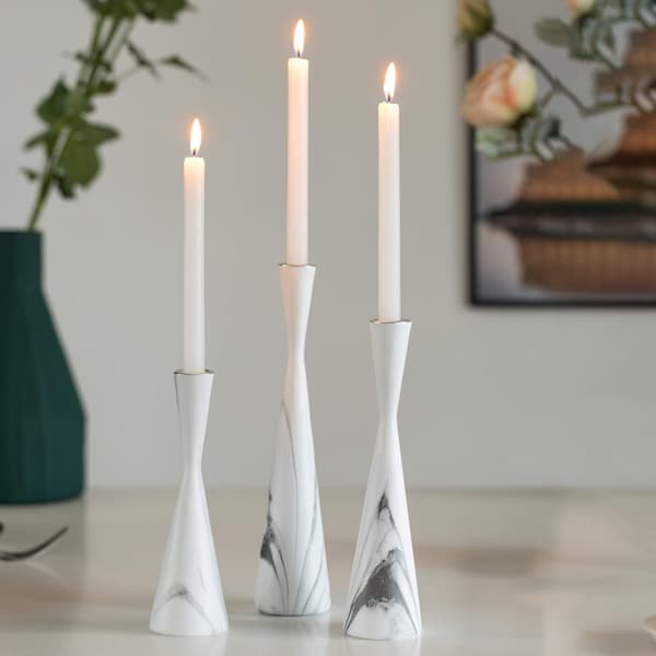 Fabulaxe Marble Resin Candle Holders, Set of 3 Exquisite Decorative Taper Candlesticks, Elegant Accent, White - QI004063.WT.3