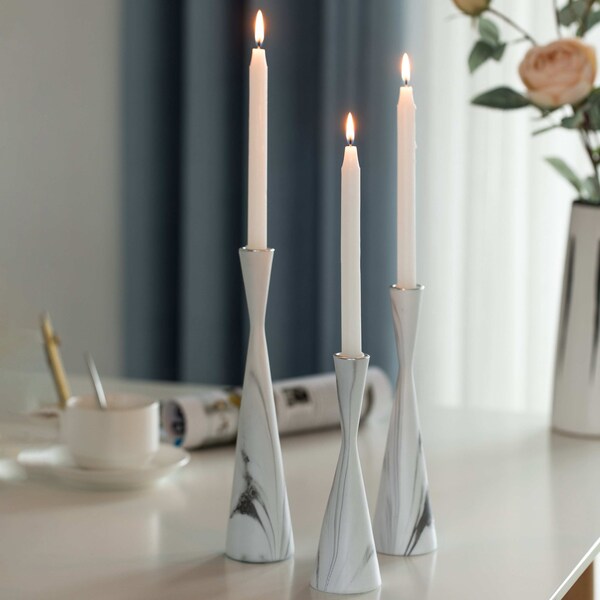 Fabulaxe Marble Resin Candle Holders, Set of 3 Exquisite Decorative Taper Candlesticks, Elegant Accent, White - QI004063.WT.3