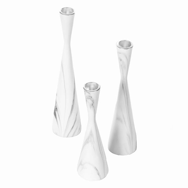 Fabulaxe Marble Resin Candle Holders, Set of 3 Exquisite Decorative Taper Candlesticks, Elegant Accent, White - QI004063.WT.3