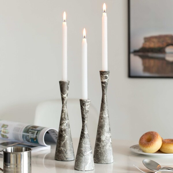 Fabulaxe Marble Resin Candle Holders, Set of 3 Exquisite Decorative Taper Candlesticks, Elegant Accent, Gray - QI004063.GY.3