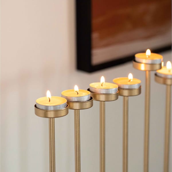 Vintiquewise Small Hanukkah Menorah, 9 Branch Tea Light Candle Holders, Gold - QI004643.DG.S