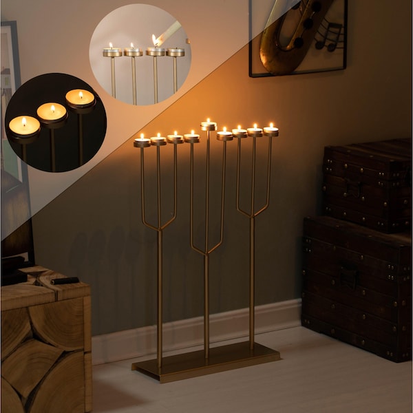 Vintiquewise Small Hanukkah Menorah, 9 Branch Tea Light Candle Holders, Gold - QI004643.DG.S