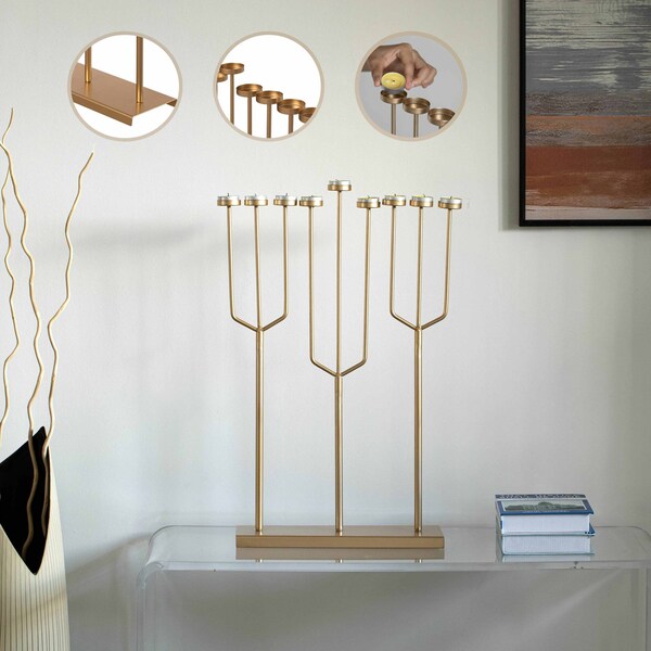Vintiquewise Small Hanukkah Menorah, 9 Branch Tea Light Candle Holders, Gold - QI004643.DG.S