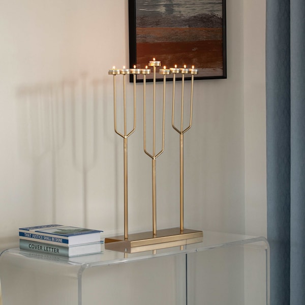 Vintiquewise Small Hanukkah Menorah, 9 Branch Tea Light Candle Holders, Gold - QI004643.DG.S