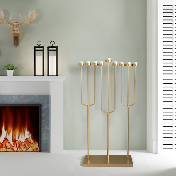 Vintiquewise Hanukkah Menorah, 9 Branch Tea Light Candle Holders, Gold - QI004643.DG.L