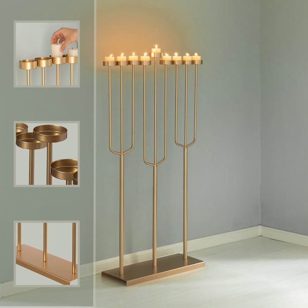 Vintiquewise Hanukkah Menorah, 9 Branch Tea Light Candle Holders, Gold - QI004643.DG.L