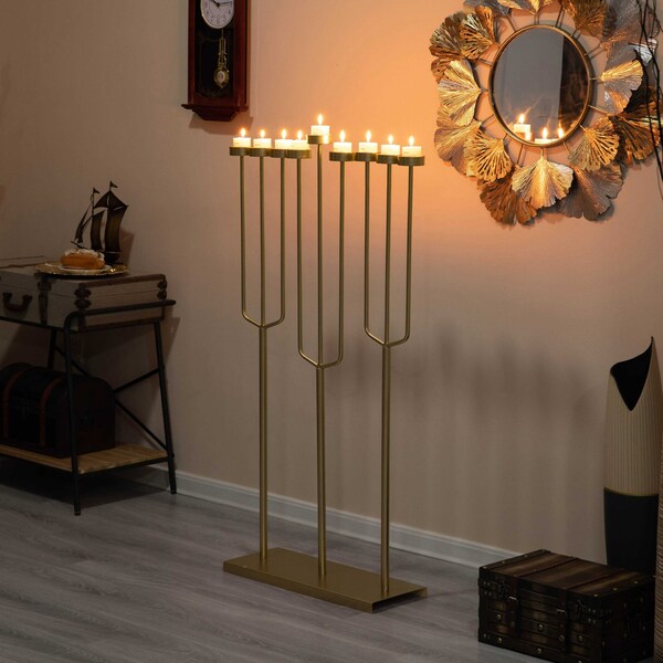 Vintiquewise Hanukkah Menorah, 9 Branch Tea Light Candle Holders, Gold - QI004643.DG.L