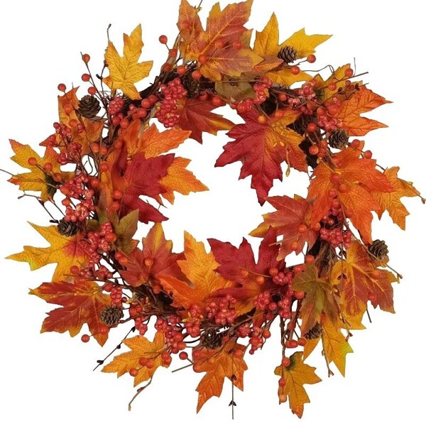Santas Forest Decorated Harvest Wreath, 24 in, Orange/Red/Yellow - 37903