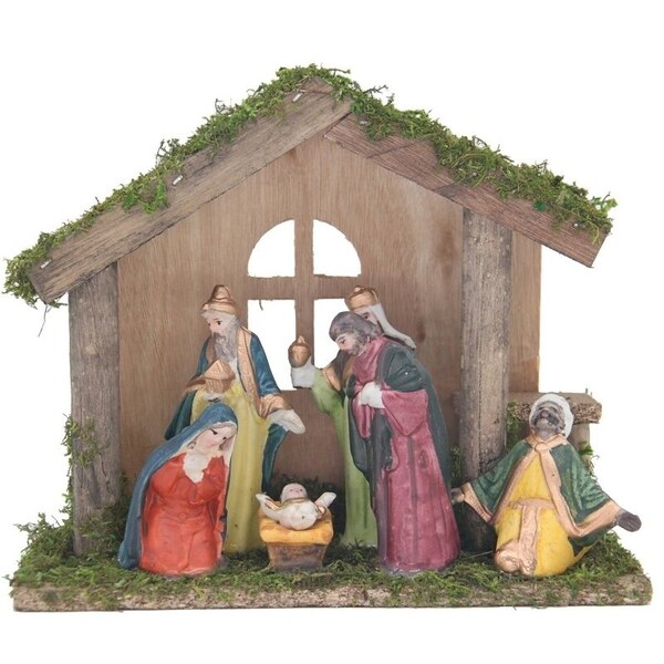 Santas Forest Nativity Set, 7 in H, Christmas, Wood/Porcelain, Colorful - 89802