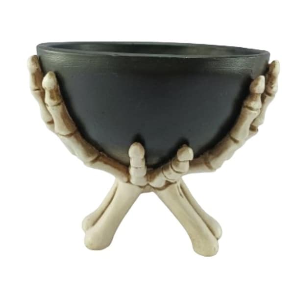 Santas Forest Skeleton Hands Holding Bowl, 7 in H, Resin, Black/White, Indoor - 89929