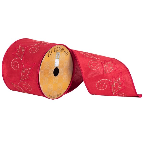 Vickerman 4 in. x 10 Yard Red Embroidery Swirl Berry Wired Ribbon - Q172198
