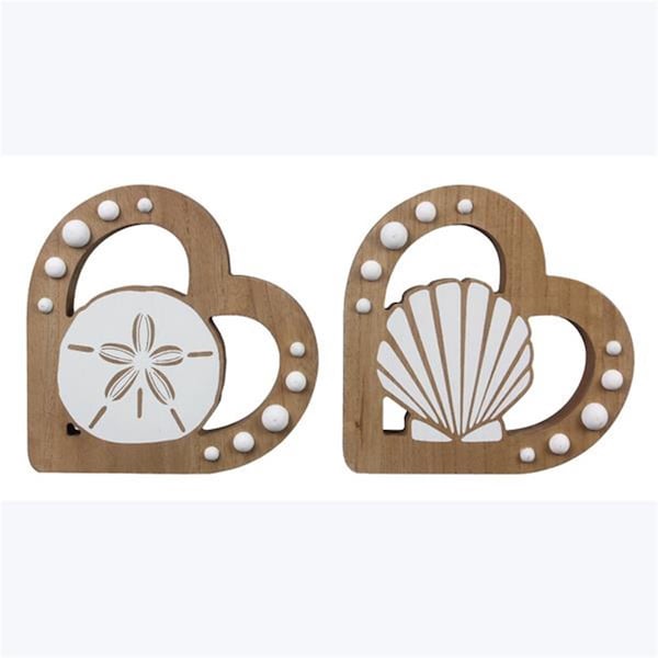 Youngs Wood Coastal Neutral Heart Shaped Tabletop Decor, 2 Assorted Color - 62322