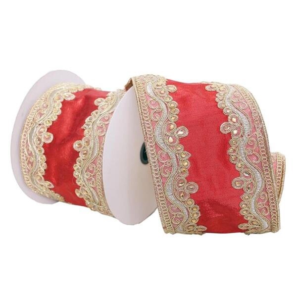 Vickerman 4 in. x 5 Yard Red with Gold Embroidery Two-Sided Wired Edge Christmas Ribbon - Q222531