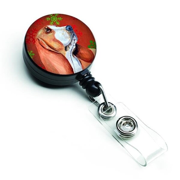 Teacher'S Aid Basset Hound Red & Green Snowflakes Holiday Christmas Retractable Badge Reel - TE627116