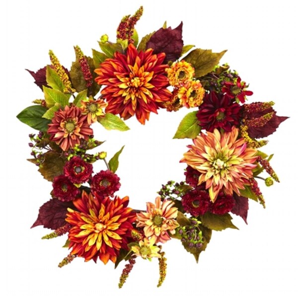 Nearly Natural 22 in. Dahlia and Mum Wreath - 4131