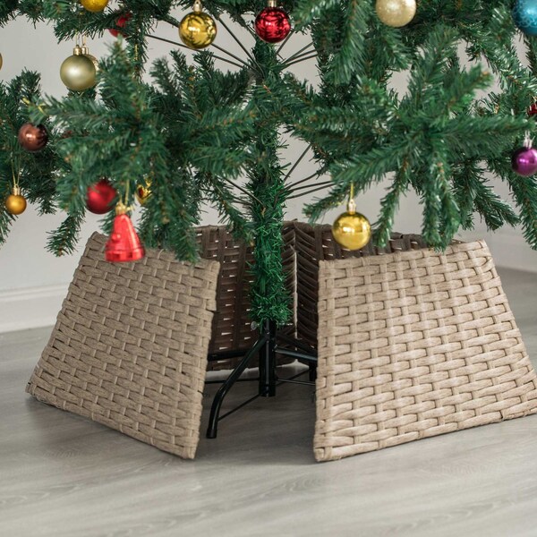 Gardenised Foldable Christmas Tree Skirt Collar Basket, Ring Base Stand Cover, Rattan Plastic, Grey - QI004155.GY