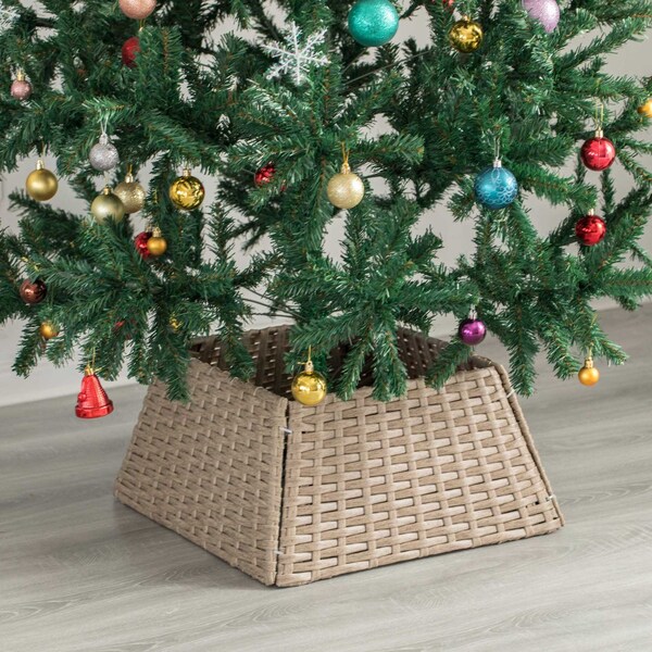 Gardenised Foldable Christmas Tree Skirt Collar Basket, Ring Base Stand Cover, Rattan Plastic, Grey - QI004155.GY
