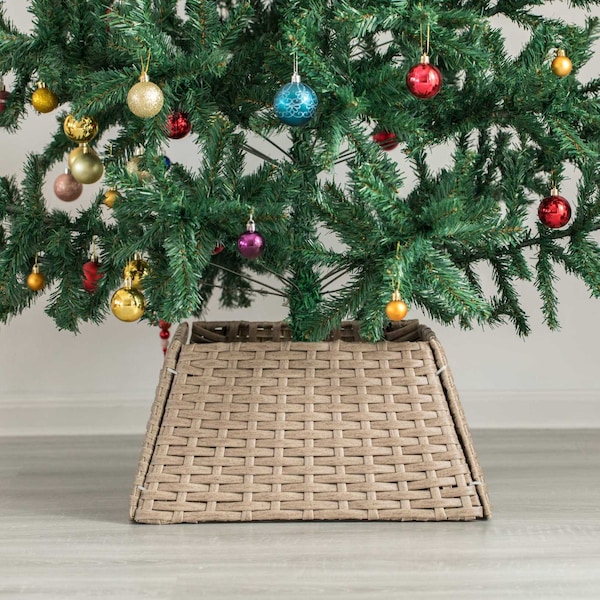 Gardenised Foldable Christmas Tree Skirt Collar Basket, Ring Base Stand Cover, Rattan Plastic, Grey - QI004155.GY