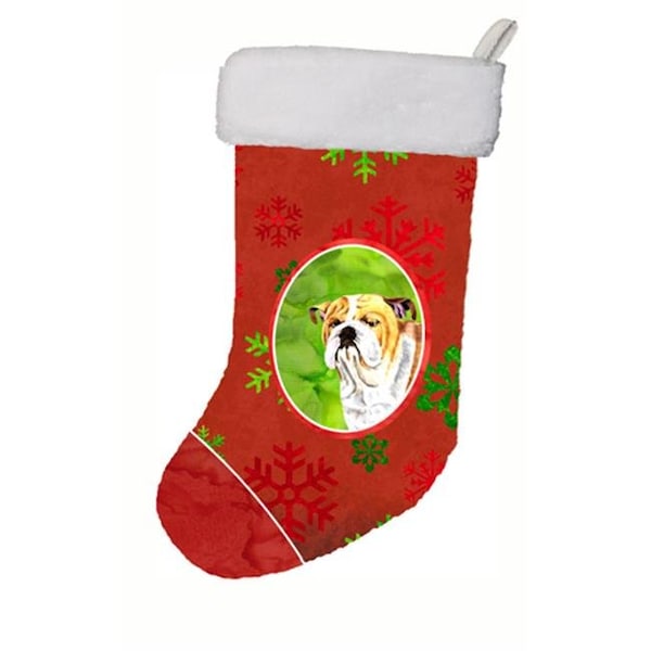 Carolines Treasures Carolines Treasures SC9414-CS 11 x 18 in. Bulldog English Red And Green Snowflakes Holiday Christmas Stocking - SC9414-CS