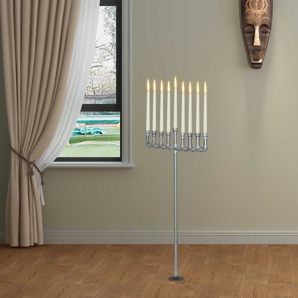 Vintiquewise Industrial Galvanized Antique Silver Metal Pipe Hanukkah Menorah - QI004137