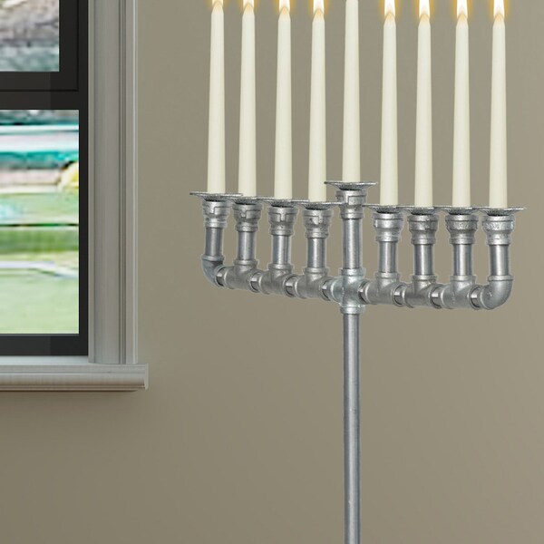 Vintiquewise Industrial Galvanized Antique Silver Metal Pipe Hanukkah Menorah - QI004137