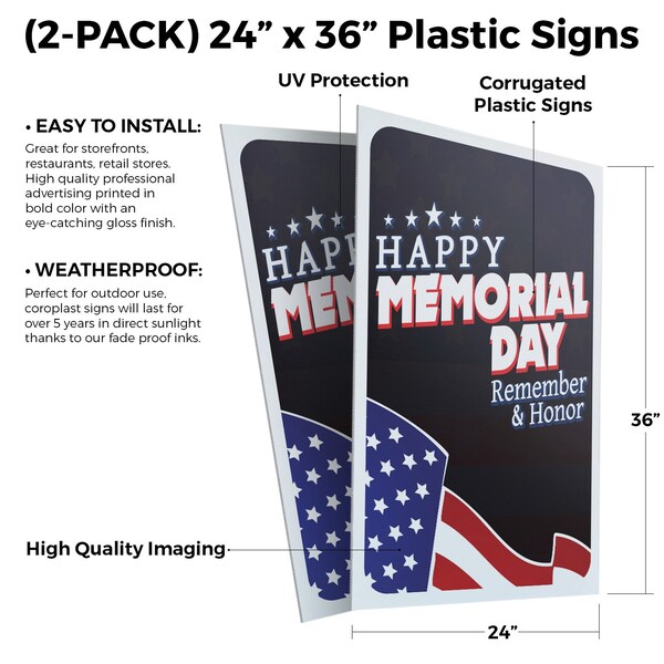 Signmission Happy Memorial Day, Plastic Signs Only 24 Inch x 36 Inch, Corrugated Plastic, 2PK - CSB-2436-2PACK-30391