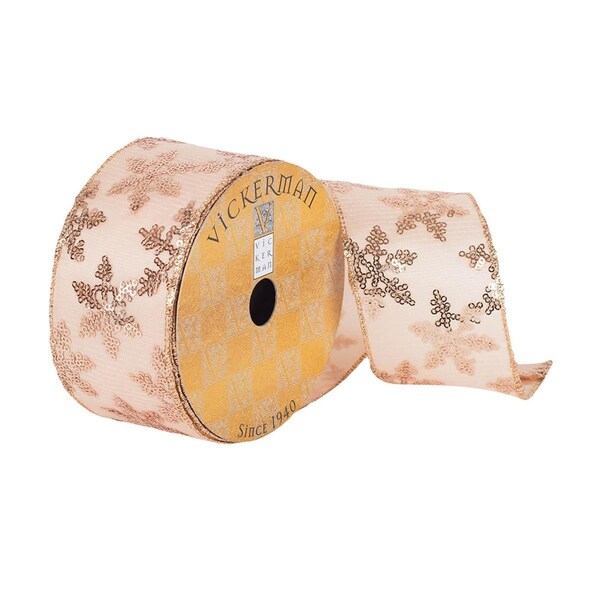 Vickerman 2.5 in. x 10 Yards Rose Gold Dupioni Ribbon with Gold Sequin Snowflakes, 72PK - Q180146