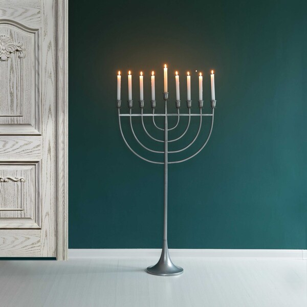 Vintiquewise Modern Solid Metal Judaica Hanukkah Menorah 9 Branched Candelabra, Aluminum Finish Large - QI004119.AL.L