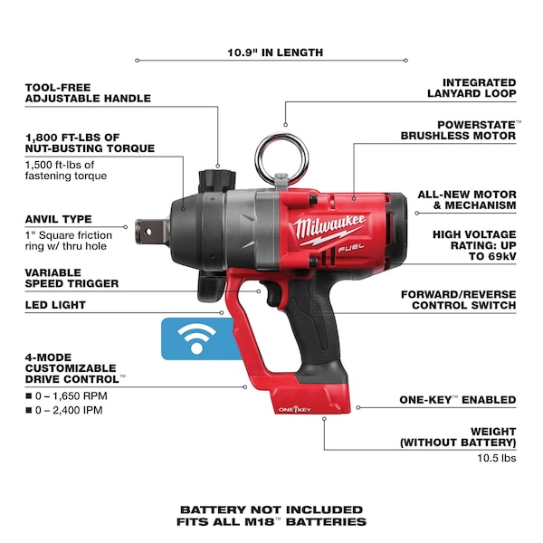 Milwaukee Tool Impact Wrench, Cordless, 18V DC, 1800 RPM - 2867-20, 48-11-1865