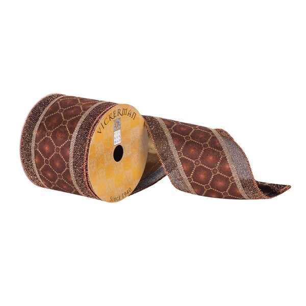 Vickerman 4 in. x 10 Yards Chocolate & Mocha Diamond Pattern Ribbon with Gold Stripes, 12PK - Q181071