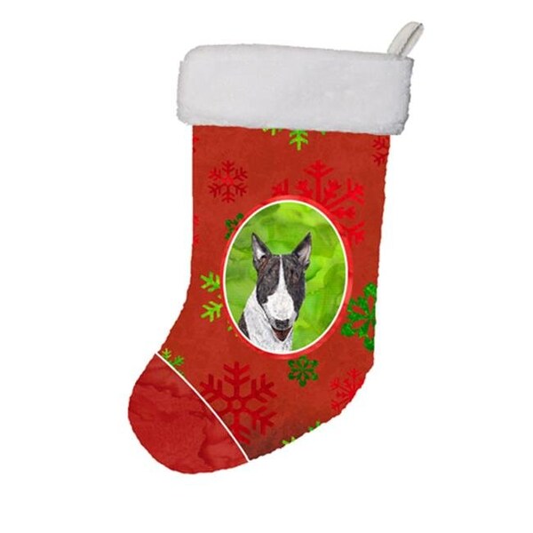 Carolines Treasures Carolines Treasures SC9589-CS Bull Terrier Red Snowflakes Holiday Christmas Stocking; 11 x 8 In. - SC9589-CS