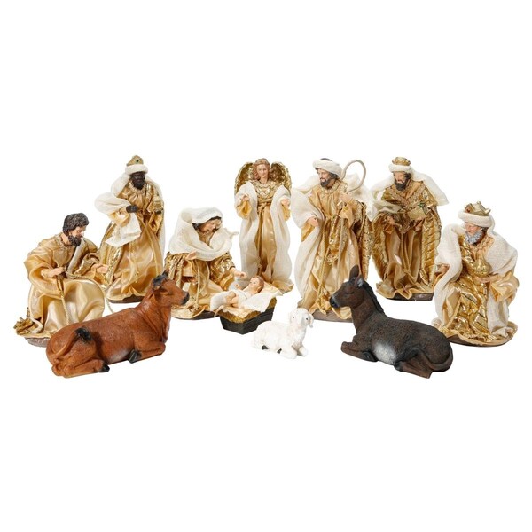 Queens Of Christmas 8 in. Fabric Nativity Set, Gold - 11 Piece - QC-NAT-FB-08-GO