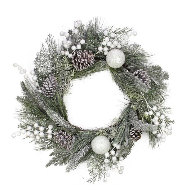 Northlight Seasonal Frosted Artificial Mixed Pine and Pine Cone Wreath with White Berries and Balls - 31737216