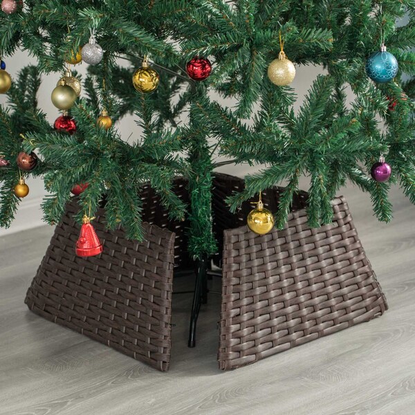 Gardenised Foldable Christmas Tree Skirt Collar Basket, Ring Base Stand Cover, Rattan Plastic, Brown - QI004155.BR